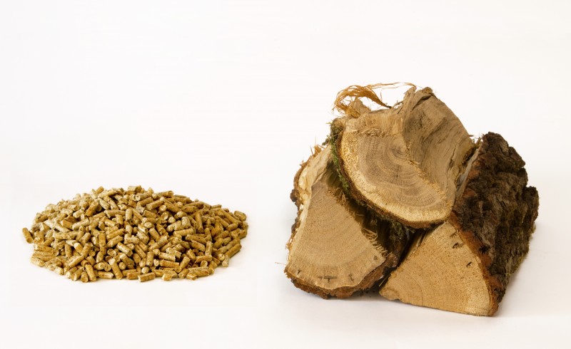 Firewood with wooden pellets on a white background